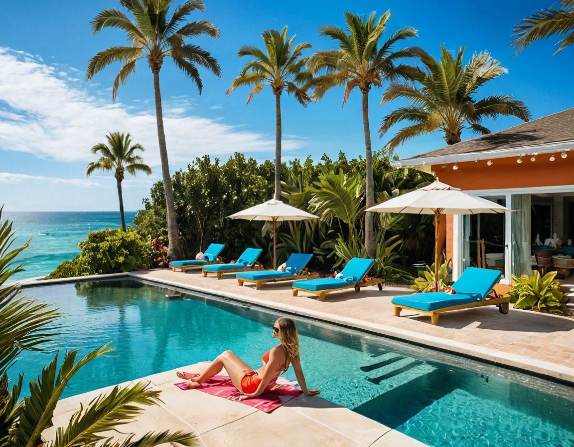 A sunny coastal scene featuring a stylish individual lounging by a sparkling pool in vibrant swimwear, with palm trees swaying in the background. Nearby, a group of friends enjoys ocean activities like surfing and beach volleyball, capturing the essence of summer fun. The sky is clear with seagulls flying overhead, evoking a carefree coastal lifestyle. Bright colors and playful elements accentuate the joyous atmosphere. super-realistic. vibrant colors. tropical theme.